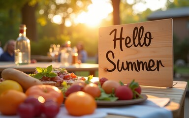 Festive summer barbecue with "Hello Summer" sign, joyful celebration. High quality