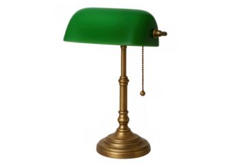 Classic banker's green desk lamp with brass base on transparent background, vintage library lighting fixture