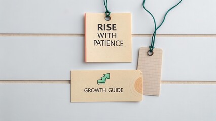 Inspirational notes on a wooden surface promoting growth, patience, and personal development with vibrant colors and textures