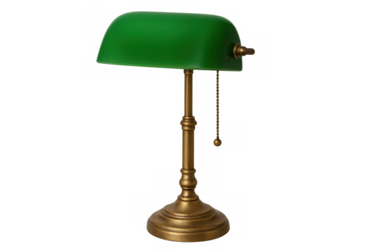 Classic banker's green desk lamp with brass base on transparent background, vintage library lighting fixture