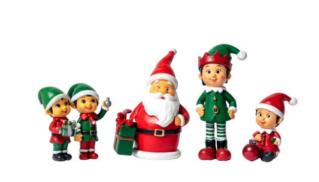 A group of christmas figurines featuring santa claus and four elves with gifts, on white background png cutout