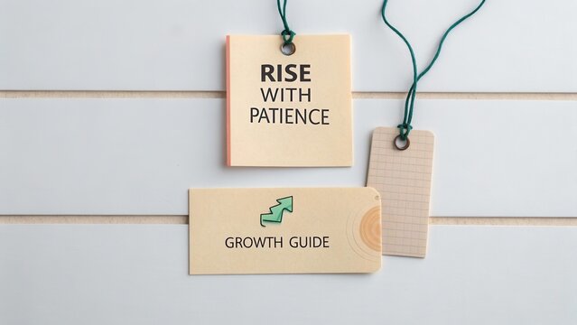 Inspirational notes on a wooden surface promoting growth, patience, and personal development with vibrant colors and textures
