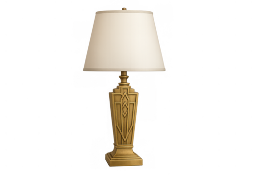 Golden art deco table lamp illuminating interior spaces, providing elegant home decor and ambient lighting on transparent background