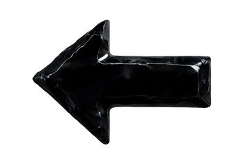 Black glossy arrow pointing left indicating direction and navigation with a transparent alpha channel background