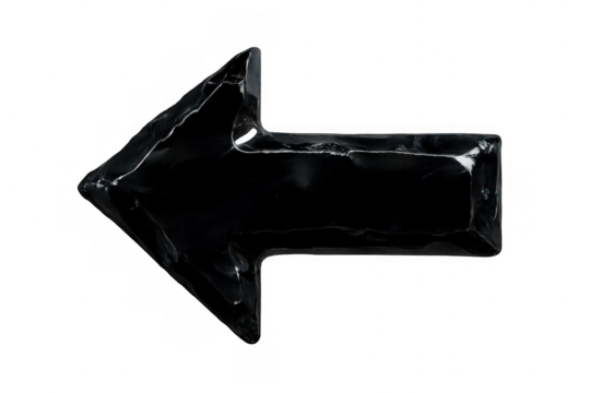Black glossy arrow pointing left indicating direction and navigation with a transparent alpha channel background