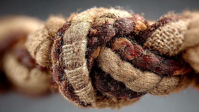 Close-up of a tightly knotted rope with texture details