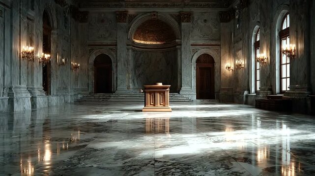 Elegant marble hall with a wooden podium center stage