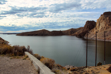 Beautiful Cloudscape over Boysen Reservoir at the Boysen Dam near Shoshoni Wyoming in Autumn.