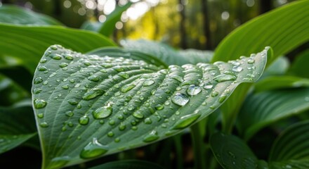 Raindrops on a Green Leaf in a Garden.