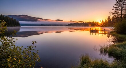 Serene Mountain Lake Sunrise with Foggy Reflections.