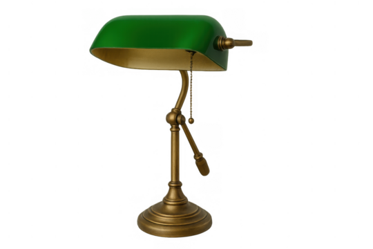 Vintage banker's lamp with green glass shade, brass base, adjustable arm for classic home or office decor