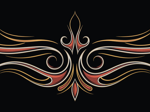 Authentic hot-rod pinstriping ornament &mdash; high-resolution symmetrical vector artwork with red, gold, and white lines on black background, classic automotive detail perfect for posters, decals, wall art