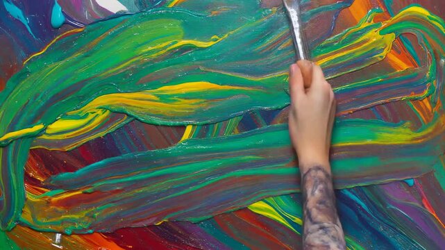 Mano con pincel creando una obra de arte abstracto con pintura acr&iacute;lica vibrante y texturizada.