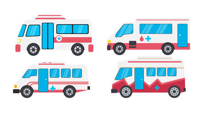 Set of medical transport for blood donor set collection. Blood donation mobile van. Medical special truck vehicle. Donorship, charity. Mobile hospital transport for vaccination vector illustration.
