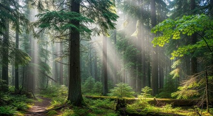 Sunlight filtering through a dense forest with tall trees and lush greenery.