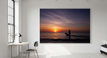 Surfer Silhouette at Sunset on Ocean Beach.