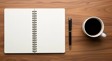 Open blank spiral notebook with pen, cup of coffee, and memo pad on a wooden office table