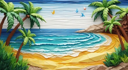 Tropical Beach Quilling Art with Palm Trees and Ocean Waves.
