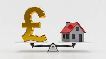 Balance scale showing pound currency symbol and house representing real estate value