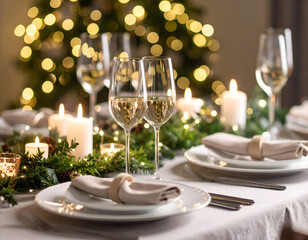 An enchanting Christmas table setting for a festive holiday gathering, illuminated by warm candlelight and a glowing tree