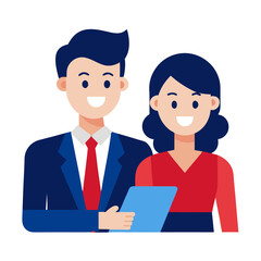 Fototapeta premium Two business people a man and a woman looking at a document together and smiling vector on white background.