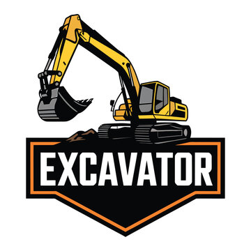 Yellow excavator machine logo with text
