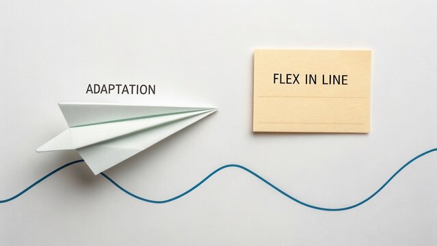 Paper airplane symbolizing adaptation next to a card with the phrase Flex in Line on a minimalist light background