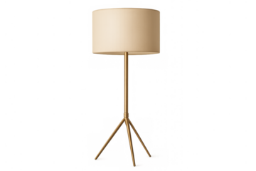 Modern floor lamp with beige drum shade and gold tripod stand, minimal lighting fixture for contemporary interior design