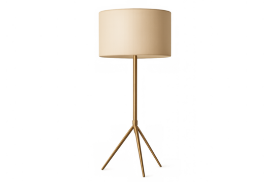 Modern floor lamp with beige drum shade and gold tripod stand, minimal lighting fixture for contemporary interior design
