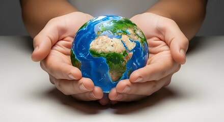 Hands gently holding a small globe with green forests and clean oceans, eco-friendly theme