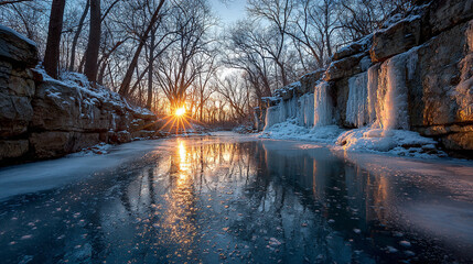 Sunrise over a frozen waterfall with icy cliffs and soft morning light creating a serene winter landscape representing tranquility, nature, cold beauty, and peaceful seasonal scenery