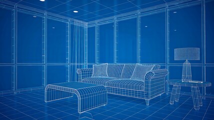 3d digital blueprint of living room interior design in blue wireframe style