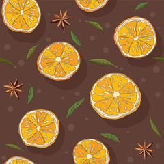 Cute orange halves and star anise doodle line seamless pattern on brown background