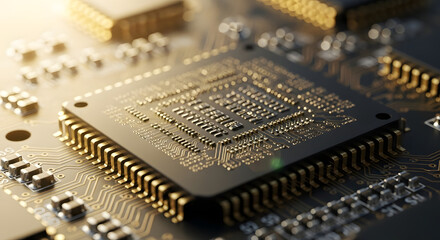 Macro Close-Up of Microchip on Circuit Board