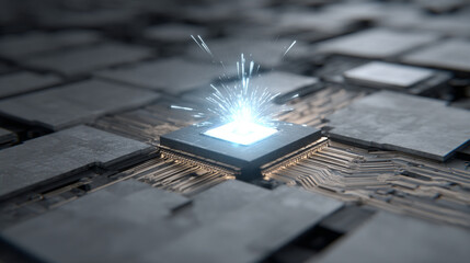 Supercomputer core with photons streaming between chips emitting glowing light and energy representing high-speed computation, advanced technology, futuristic digital systems, and quantum processing