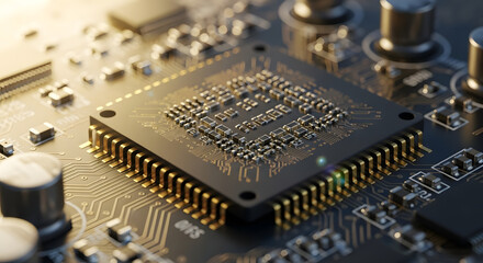 Macro Close-Up of Microchip on Circuit Board