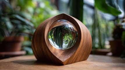 Obraz premium A beautifully crafted wooden object with a glass sphere, reflecting greenery, showcasing a blend of nature and artistry in a serene environment.
