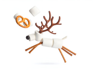 A playful holiday reindeer crafted from marshmallows and pretzels in a dynamic leaping pose, a creative Christmas food art concept