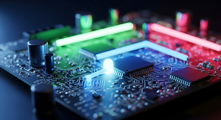 Neon-Lit Circuit Board Close-Up