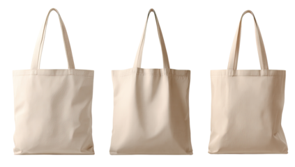 Three blank beige canvas tote bags