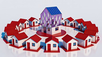3d illustration of small houses surrounding central modern home concept
