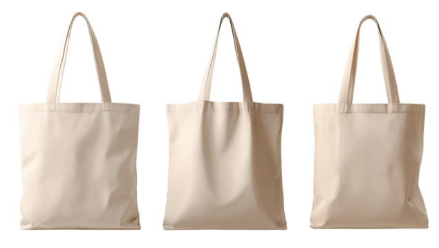 Three blank beige canvas tote bags