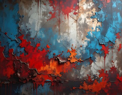 Abstract artwork of paint splatters in hues of blue, red, and orange - Powered by Adobe