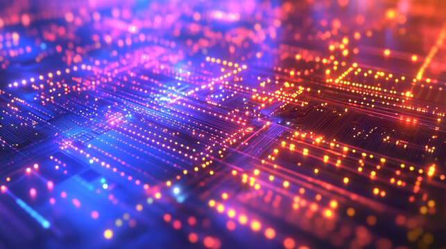 Supercomputer core with photons streaming between chips emitting glowing light and energy representing high-speed computation, advanced technology, futuristic digital systems, and quantum processing