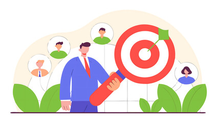 Man holding magnifying glass targeting right customer