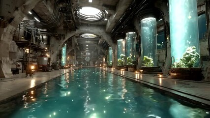Futuristic underwater facility with glowing aquariums