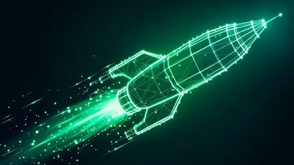 Futuristic digital rocket launching with glowing green light technology concept