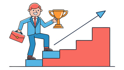 Man climbs stairs to success holding trophy