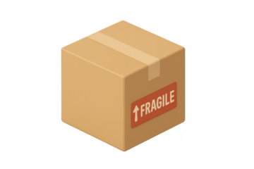Cardboard package with fragile label icon for shipping, delivery, moving, e-commerce, and logistics concepts, transparent background