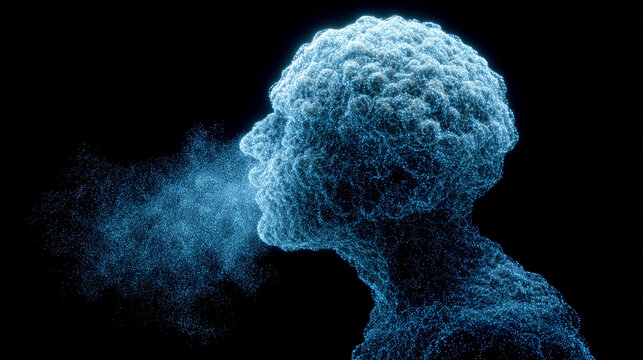 Thoughts dissolving into streams of neon particles with glowing trails and dynamic motion representing imagination, consciousness, digital mind, abstract energy, and futuristic visualization